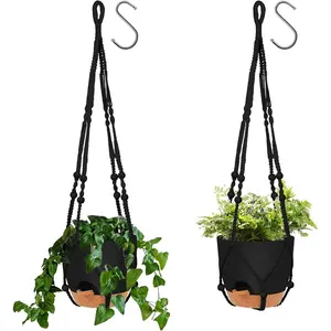 8 Inch Hanging Planters with Macrame  Hanger for Indoor and Outdoor , 2 Pack Large Self Watering Hanging  Pot with Basket Flower Pot with Drainage Hole, Black