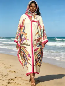 Essential Bohemian feather print long robe dress cardigan blouse (two-piece set) for summer 2026, women's fashion scarf and shawl set, women's swimwear paired with fashion accessories, bikini shirt and beach skirt/American anniversary edition