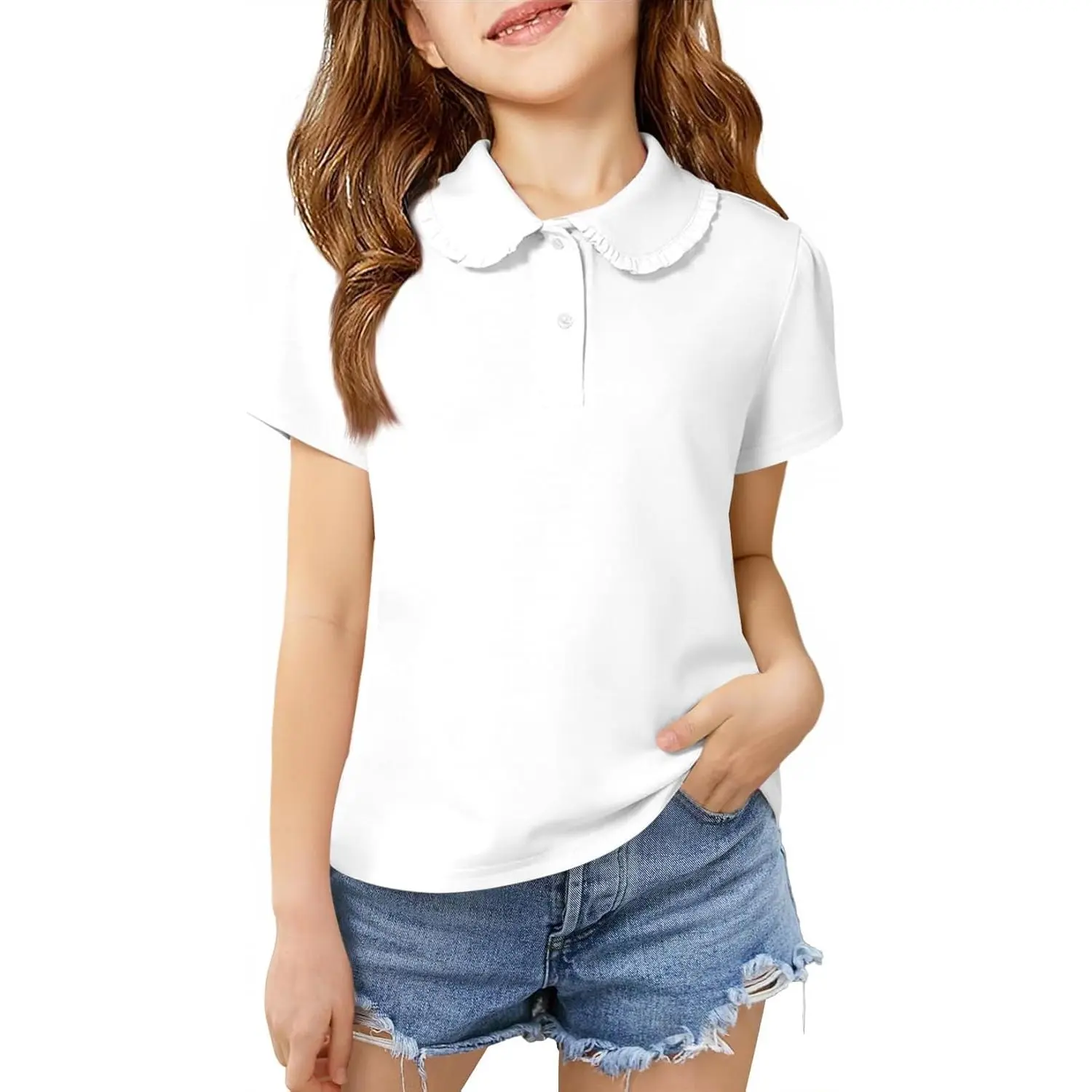 Haloumoning Girls' Half-Sleeve School Uniform Polo Shirt - Peter Pan Collar, Ruffle Detail, Tops for 5-14 Years