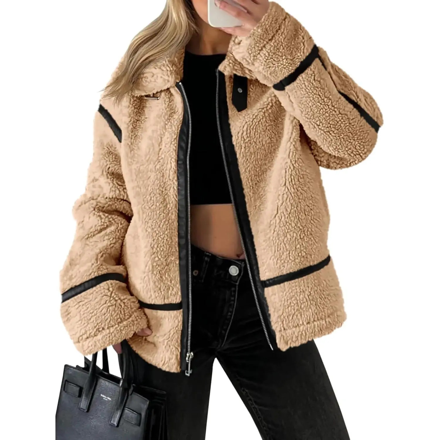 Goranbon Womens Faux Fur Jackets Winter Trendy Sherpa Moto Leather Patchwork Zip Up Coat