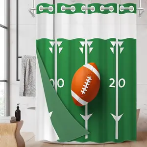 1pc hookless shower curtain with buckle lining, green base with white stripes and orange rugby ball design, 2D flat print, fabric waterproof lining, see-through double-layer shower curtain, 71 x 74 inches, modern home draping curtain.