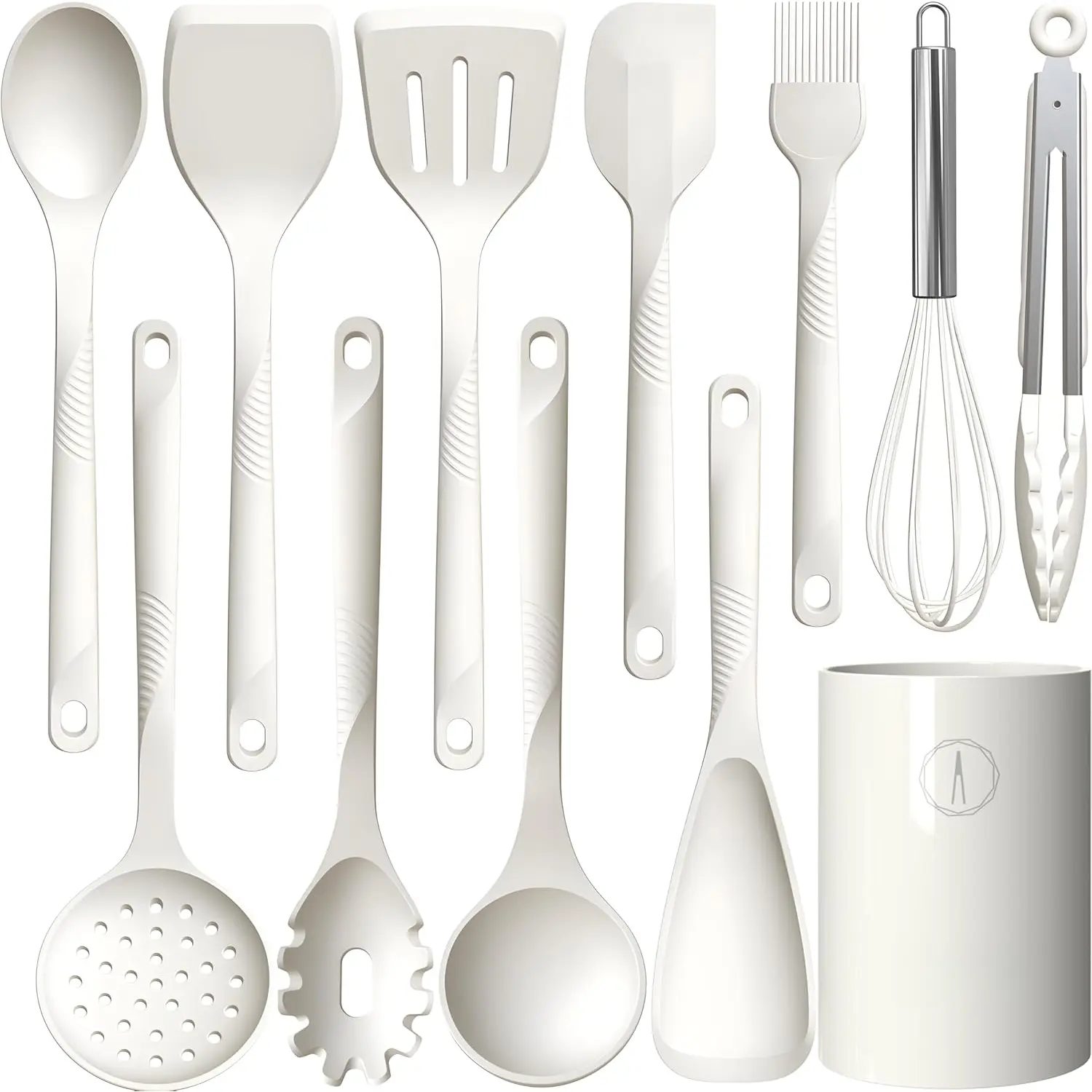 Cooking Utensils Set - 600?F Heat Resistant, Nonstick Kitchen Utensil Set with Spatulas, Spoons, Whisk, Tongs, , Dishwasher Safe, Cream White