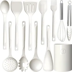 Cooking Utensils Set - 600?F Heat Resistant, Nonstick Kitchen Utensil Set with Spatulas, Spoons, Whisk, Tongs, , Dishwasher Safe, Cream White