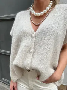 Elegant Loose Short Sleeve Solid Knit Cardigan, Soft and Skin-Friendly H-Shape Cut, Casual Commuter Versatile, Multi-Season Fashion Piece