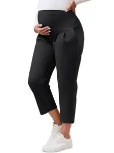 INSPIRE CHIC Women's Cotton Maternity Pants Straight Slacks Casual Over Belly Cropped Pregnancy Trousers with Pockets Black