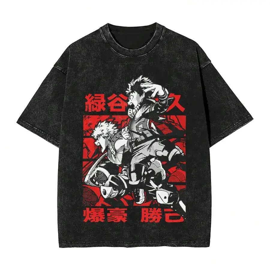 Men's My Hero Academia Graphic T-Shirt - Vintage Washed Oversized Menswear Top, Short-Sleeve Casual Tee with Midoriya & Bakugo, Distressed Streetwear Tshirt, Shortsleeve, Retro, Round Neck, Stylish, Mha Fans, Crew Neck, Hero Battle, Cotton