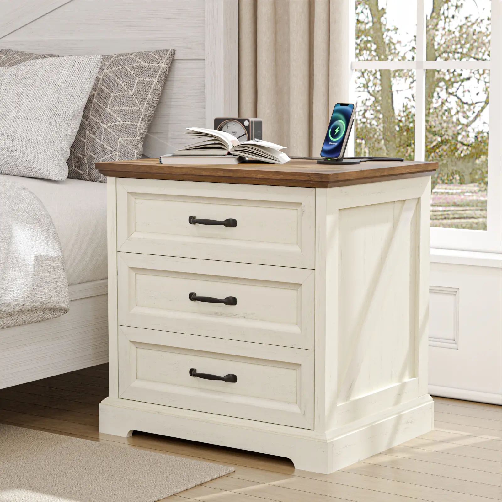 HOMMPA 24'' Farmhouse Nightstand with Charging Station, Bedside Tables with Storage, Side Table with USB Port, 3 Drawers End Table Dresser, Wood Night Stand for Bedroom, Living Room, Rustic White