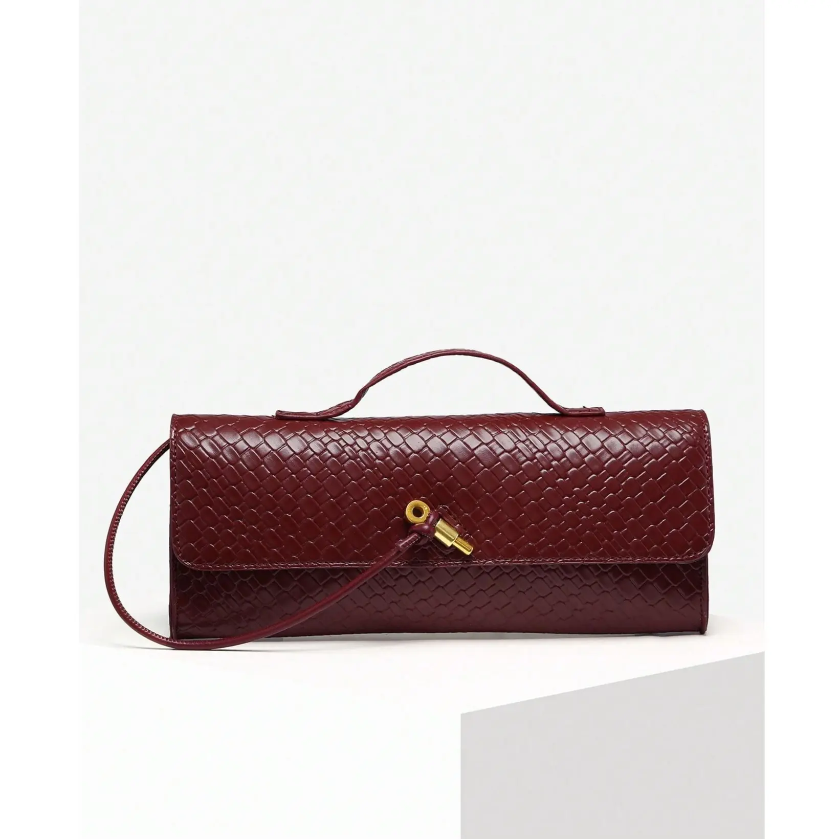 DealsForYouDays Women Vintage Minimalist Faux Woven Texture Angola Red Retro Flap Lock Large Capacity Clutch Bag