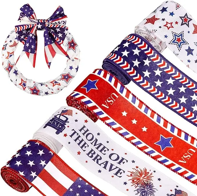 5 Rolls Patriotic Ribbon 4th of July Stars and Stripes Burlap Wired Edge Ribbon 25 Yards White Blue Red Decorative Ribbon for Independence Day Gift Wrapping DIY Wreath Bow Craft Sewing