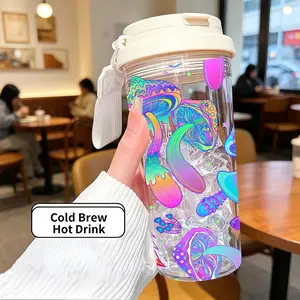 17oz/500ML Heat-Resistant Plastic Coffee Cup, Dual-Sip Straw & Handle Design, Colorful Mushroom Print, Ideal Gift for Birthdays, Holidays