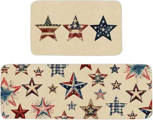 ONWAY 4th of July Patriotic Kitchen Mat Set of 2 Non Slip Farmhouse Rubber Backing Americana Star Kitchen Runner Rug for Sink Floor Washable Linen Look Kitchen Mats for Home Decor 17x47 and17x29 Inch