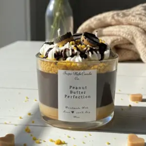 Peanut Butter Perfection Dessert Candle - 16oz Hand-Poured Soy Wax - Realistic Reese's Style Toppings - Gourmet Bakery Scented Gift