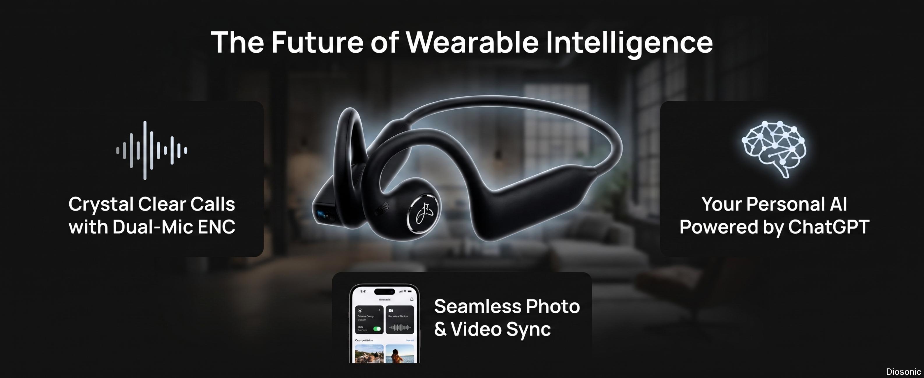 DIOSONIC New AI Smart Camera Open-Ear Earphones, Bluetooth 5.3 Wireless Chargeable Earbuds with 8MP Camera, 1080P Video, Wi-Fi Sync, IP54 Rated, Magnetic Charging, Audio, Recording, Instant Connection for Cycling, Outdoor Sports