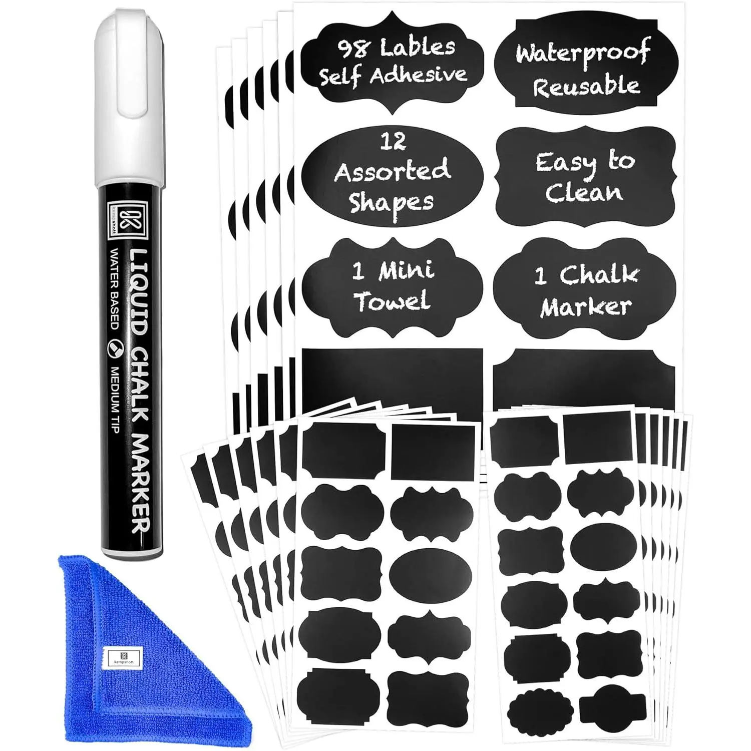 Chalkboard Labels for Jars 98 count -   Chalk Sticker Labels for Containers Storage Jars - 12  Shapes & 3 Sizes Includes Erasable Liquid Chalk Marker & Mini Towel (Pack of 98)
