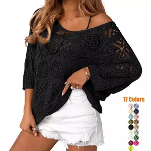 Women's 2026 Spring Summer Crochet Hollow Out 3/4 Sleeve Pullover Sweater Off Shoulder T-Shirts
