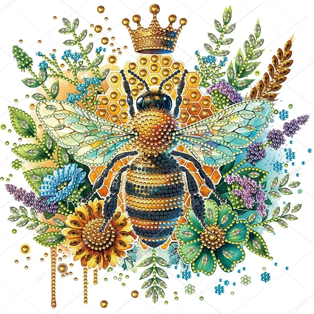 Crown Bee and Flower Cluster Design Adult 5D-DIY beginner diamond painting kit for creativity - 1 irregularly shaped crystal diamond painting kit, perfect holiday gift, suitable for decorating walls
