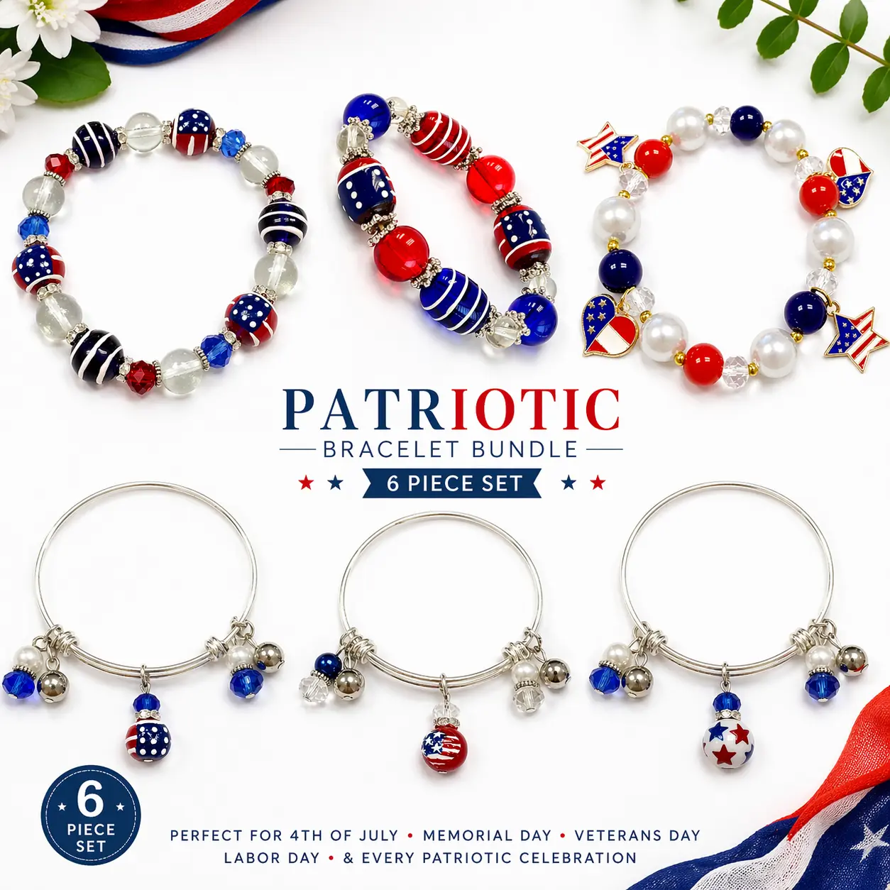 USA Patriotic Bracelets Bangles for Women, Americana 4th of July Parade Party Accessory, Gift for Her, Pack of 6