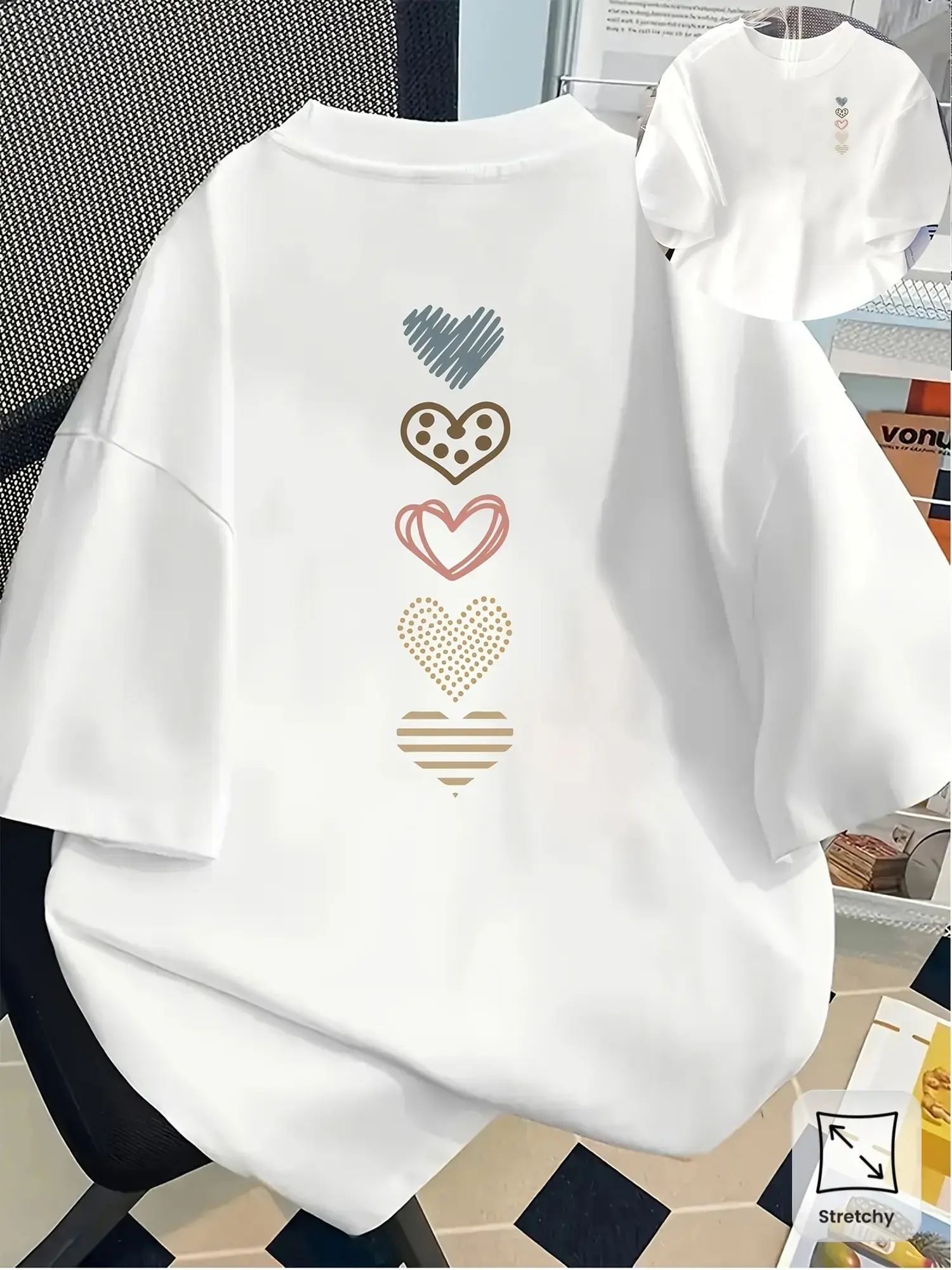 Women'S T-Shirt, Heart Pattern On The Front And Back, Fashionable Short Sleeves With Heart-Shaped Print, Unique Double-Sided Design, Women'S Everyday Wear - Round Neck Casual T-Shirt, Comfortable Fit, Suitable For Casual Outings And Sports