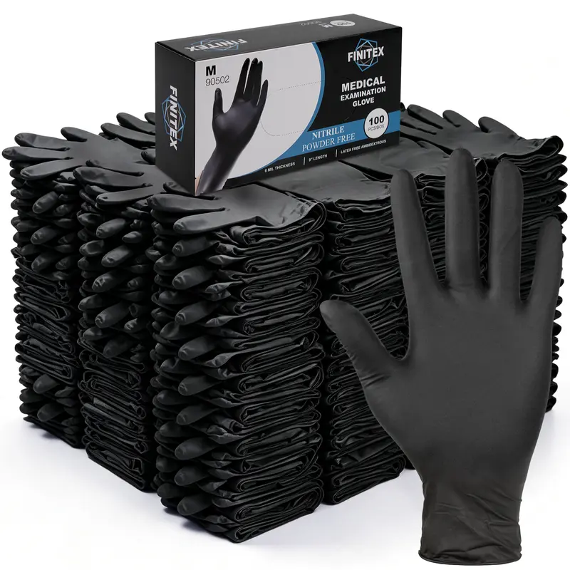 FINITEX 6Mil Thick Disposable Black Nitrile Gloves, Heavy- Duty Waterproof Food-Safe Latex-Free Powder-Free Chemical-Resistant Medical Grade Gloves for Cleaning, Mechanical Work, Home Care Essentials(Gift for Thanksgiving/Black Friday Finds)