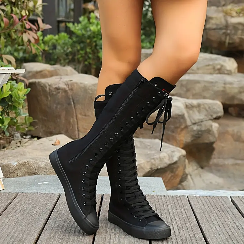 Women'S Fashion Casual Knee-High Canvas Boots Side Zipper Closure, Comfortable For Daily Wear Party Dresses Walking Shoes Girl
