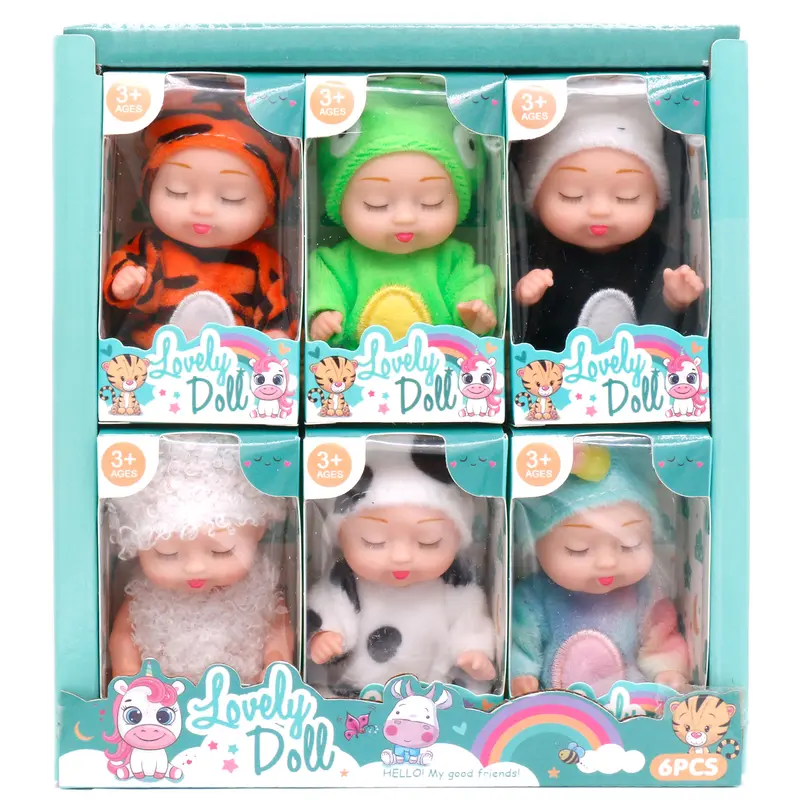 6-Piece Cuddly Sleeping Doll Collectible Playset - Cute Doll Decoration with Pajamas, 4in Mix & Match Wear, 4.3in Animal Teen Figures, Dress Up Set in Gift Box for Birthday, Easter Gifts