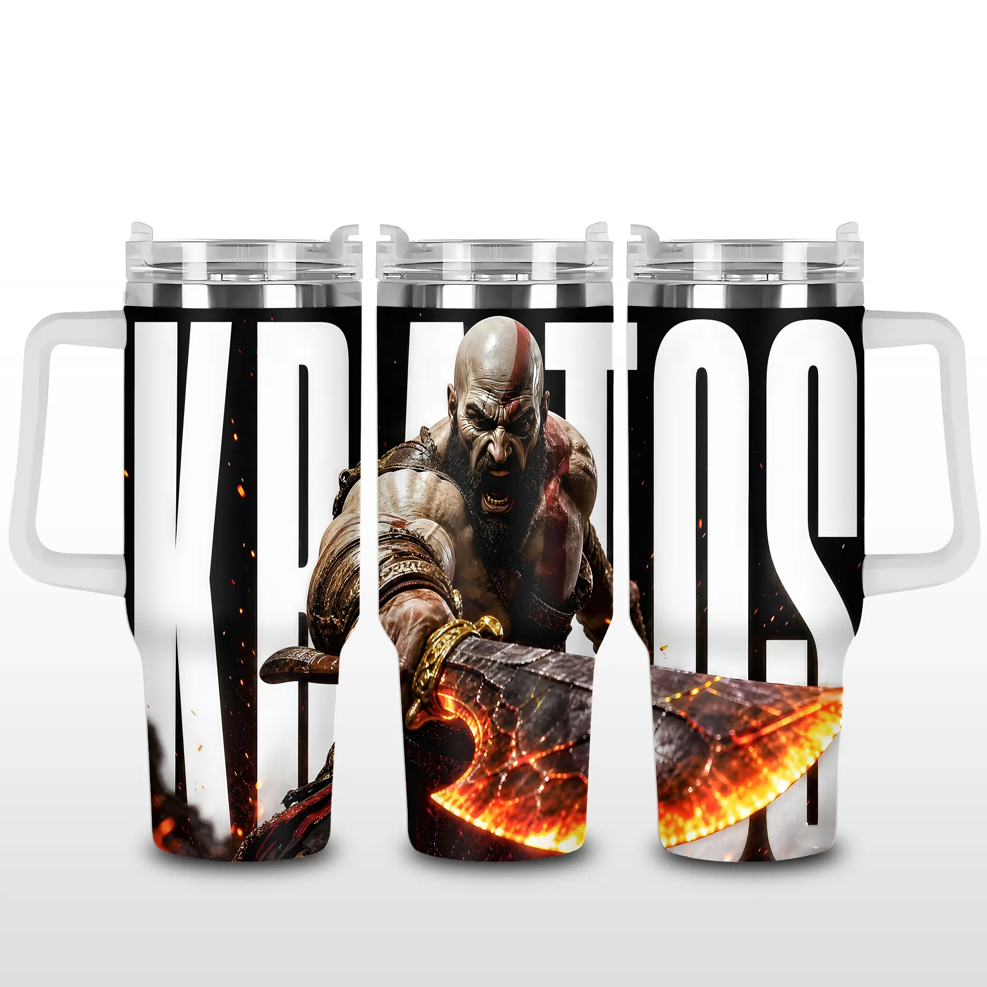 Tumbler4U God of War 40oz Portable Reusable Insulated Stainless Steel Travel Tumbler - Printed, with Handle, Lid, Straw, Bottled Adventure-Inspired Kitchenware Drinkware Gift Flask