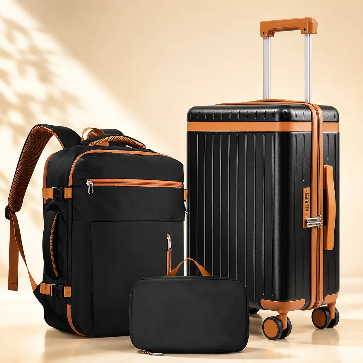 Polycarbonate 3-Piece Hardshell Luggage Set - ABS PC, 20in Carry On Luggage, 360° Silent Effortless Gliding 4-Wheels, Abrasion-Resistant, Dustproof, TSA Lock, 15.6in Laptop Backpack, Toiletry Bag for Business Trips