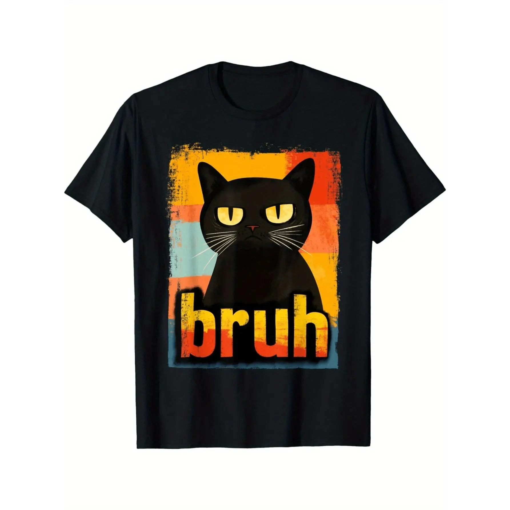 Humorous Cat Bruh Meme Graphic T-Shirt for Men Women Casual Summer Tee with Bold Text and Geometric Design Easy Care Wear,Unisex Crew neck T-shirt for Men And Women,Casual Summer T-Shirt with Crew Neck,Heavyweight 100% Cotton
