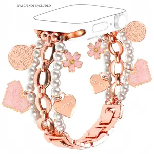 Faux Pearl Decor Watch Band with Chain Bracelet, Adjustable Unique Pendant metallic Watch Band, Wearable Accessories Compatible with Apple Watch