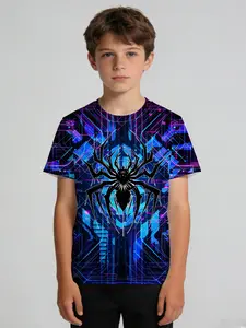 Black Spider Logo Kids Short Sleeve T-Shirt, Blue-Purple Cyber Tech Design, Cool Black Spider Logo, Crew Neck, Perfect for Daily Wear