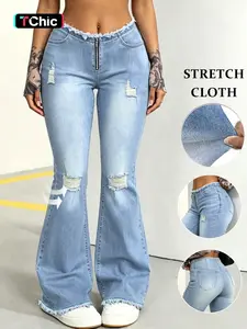 Women's Y2K Light Blue Bootcut Jeans with Frayed Waist & Destroyed Knees - Perfect for Streetwear#LowRiseJeans, #FlareJeans, #Y2KDenim, #StretchJeans, #DistressedDenim, #TikTokFashion