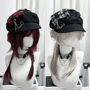 Unisex Y2K Punk Gothic Plaid Beret Hat with Cross Chain, Dark Aesthetic Streetwear Accessory for Bold Outfits,summervibes