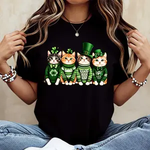 Cats Wearing Green Sweaters And Hats St Patrick's Day Theme Print T Shirt White Crew Neck Casual Top For Women St Patricks Day Celebration