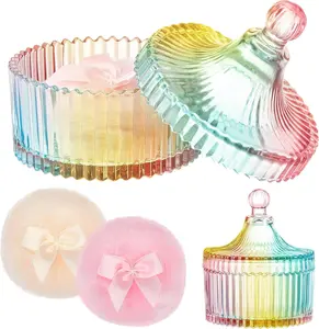 Luxury Soft Velvet Powder Puff & Crystal Glass Container Set, 3.54" Diameter, Washable Reusable Puff for Women Facial & Body Makeup Dusting & Baby Powder Application, Elegant Glass Jar for Jewelry, Candy Storage, Perfect Gift for Ladies