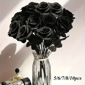 5pcs/10pcs Artificial Black Roses | Plastic Fake Flowers, Long Stem, for Halloween, Home Decor, Wedding Party, Gothic Goth Decor, Artificial Rose Bouquet