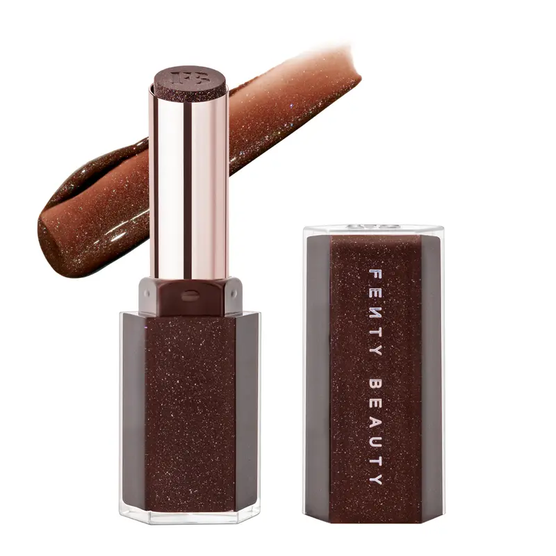 Fenty Beauty Gloss Bomb Stix High-Shine Lip Gloss Stick — Shimmering Hot Chocolit — rich brown chocolate shimmer glitter shade — glossy lipstick
