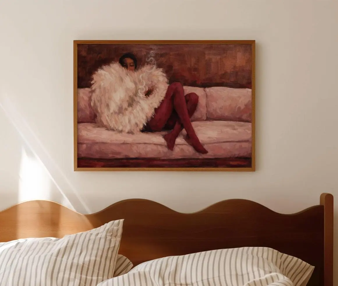 Abstract Fashion Woman In Sofa Pink Ruby Print, Horizontal Above Bed Wall Art, Handdrawn Mid Century Poster, Retro Textured oil painting art, Essential Piece, Fits Any Wardrobe, Retro Styles, Bring Back the Classics