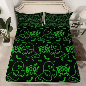 Halloween Bed Sheets,Cartoon Ghost Decoration Green Fitted Sheet for Kids Boys Girls,Ghost Festival Themed Sheets Set,No Top Sheet