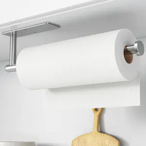 Wall Mounted Paper Towel Holder Under Cabinet, Self Adhesive or Drilling Installation, Stainless Steel Kitchen Roll Dispenser, Space Saving Organizer Brushed Nickel