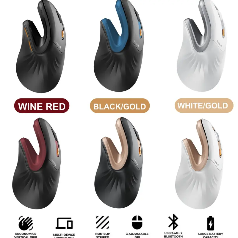 ProtoArc EM11 NL Ergonomic Vertical Grip Mouse - Rechargeable Silent Optical Wireless with Mouse Ergonomics, 3 Multi-Device Connectivity, 3-Level DPI (1000/1600/2400), 500mAh Battery, Office/Work/PC Accessories, Desk Gadgets, Men's Gifts