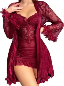 RRJ 2 pcs Lingerie For Women Womens Lace Bodysuit Sexy Nighty Mesh Sleepwear V Neck Chemise Nightgownslingerie women