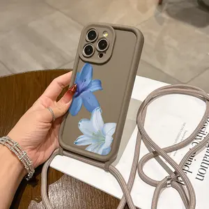Convenient Lanyard Phone Case with Adjustable Strap and Crossbody Shoulder Strap, Blue Floral, Tpu Anti-Drop Protection for iPhone
