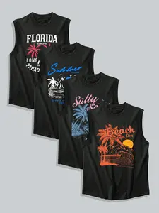 Men's Florida Print Round Neck Tank Top, Regular Fit Casual Sleeveless Crew Neck Top for Summer, Men's Top for Beach Vacation, Menswear