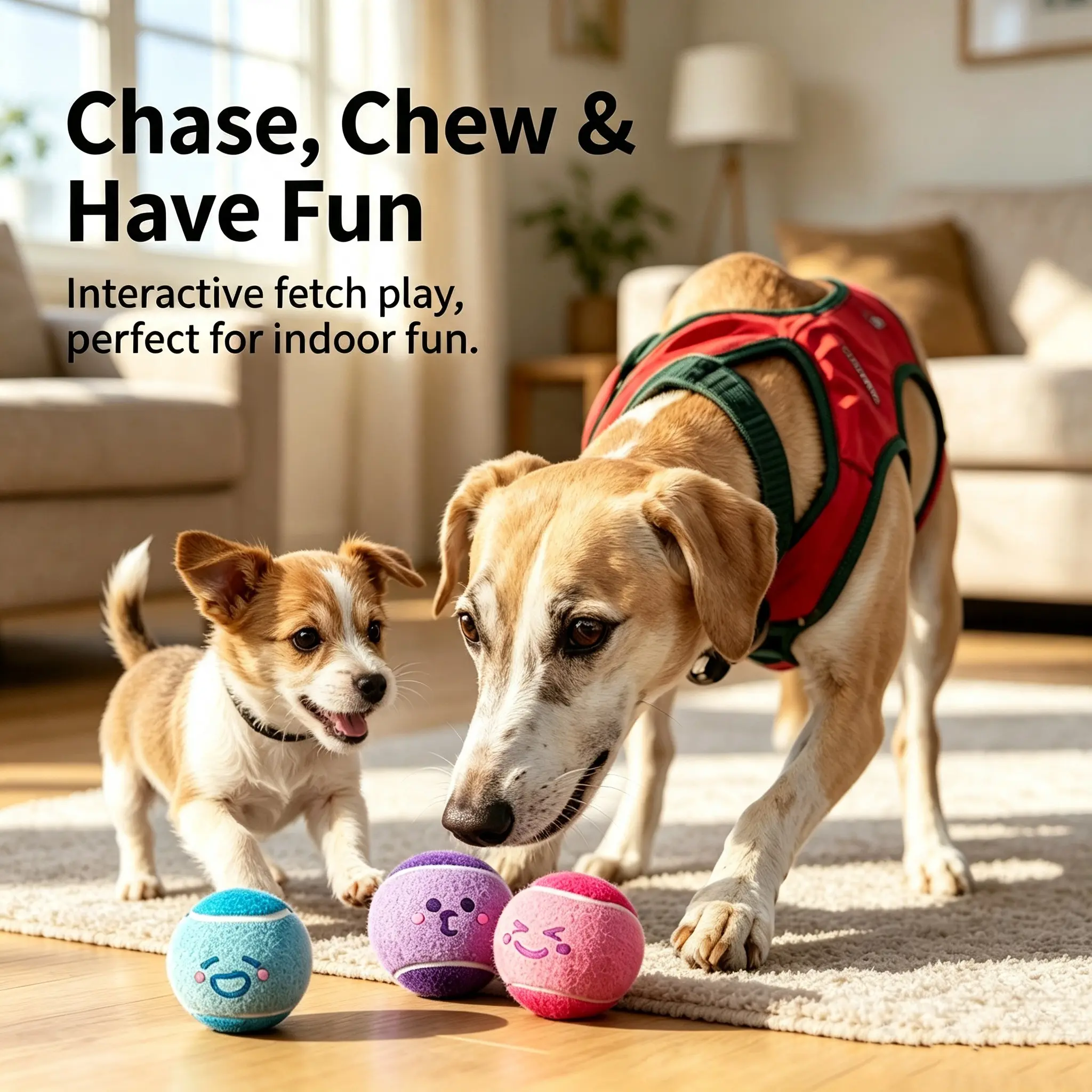 3-Pack Indestructible Dog Tennis Balls, Smile Emoji Rubber Interactive Chew Toys for Aggressive Chewers, Bouncy Lightweight Teething Toys for Large/Medium/Small Dogs (1.65in)