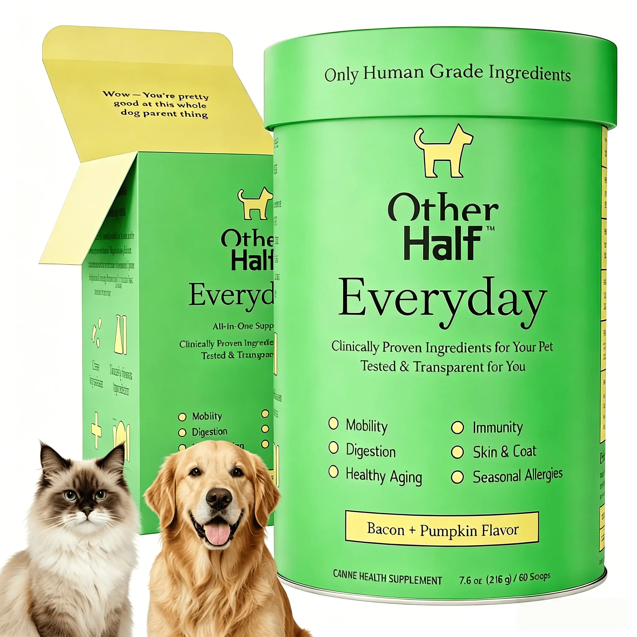 Other Half Everyday Clean Canine Nutritional Supplement - 45 Natural Active Ingredients, Bacon & Pumpkin Flavor, 60 Scoops, Hip & Joint Health, Gut Support, Immunity Boost, Fur & Skin Care, Daily Canine Wellness (All Seasons), 45 Active Ingredients