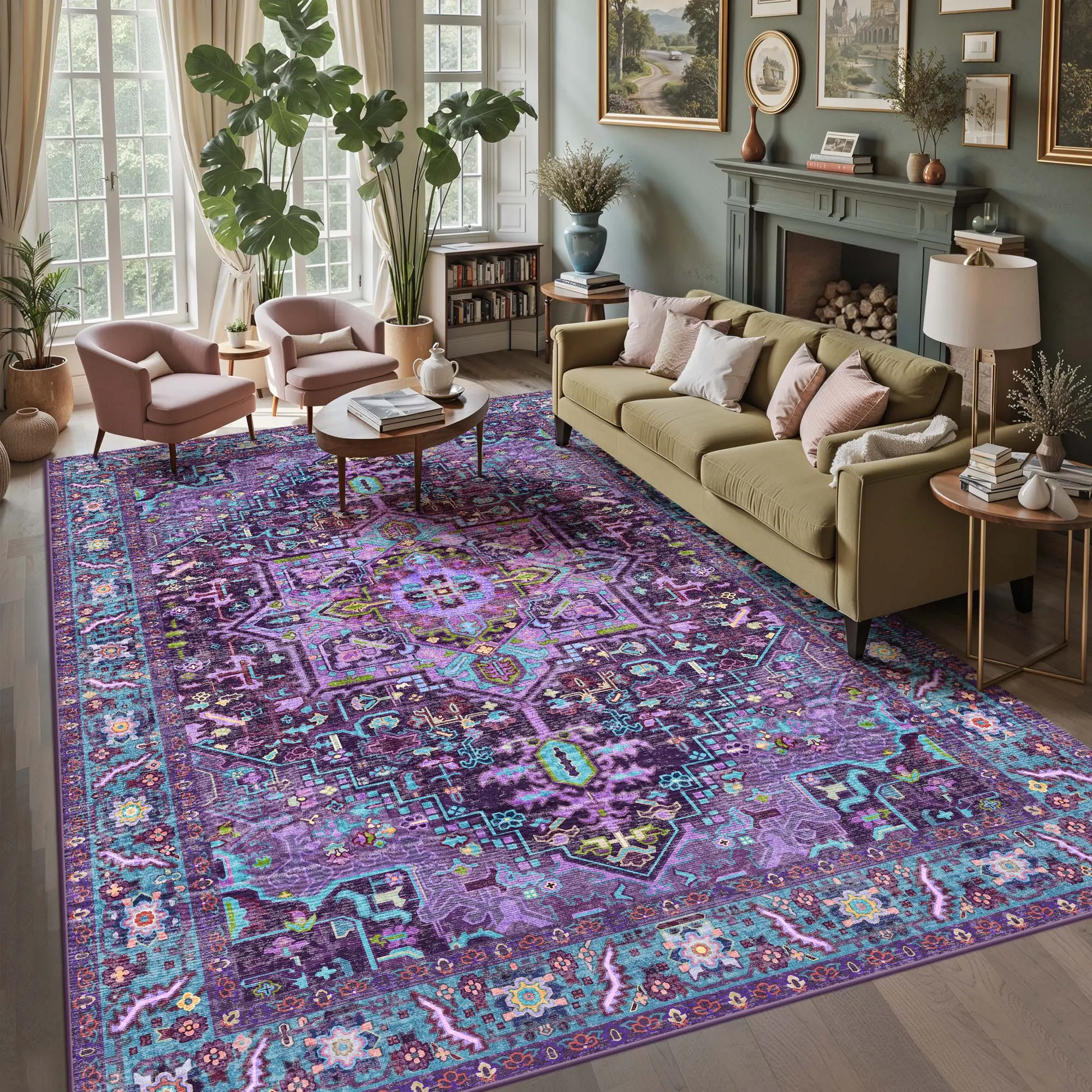 Kokia 8x10 Machine Washable Dark-Colored Area Rug - Violet Purple Antique-Inspired Vintage Orient Distressed Medallion, Cozy Child-Friendly Non-Slip Low Pile Stain-Resistant for Living Room, Bedroom, Machine Washable Rug, Child-Friendly Area Rugs