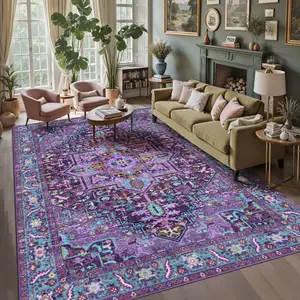 Kokia 8x10 Washable Area Rugs Violet Purple with Vintage Orient Design Soft Rug for Living Room or Bedroom Non-Slip Low Pile Stain Resistance Features Distressed Medallion Pattern