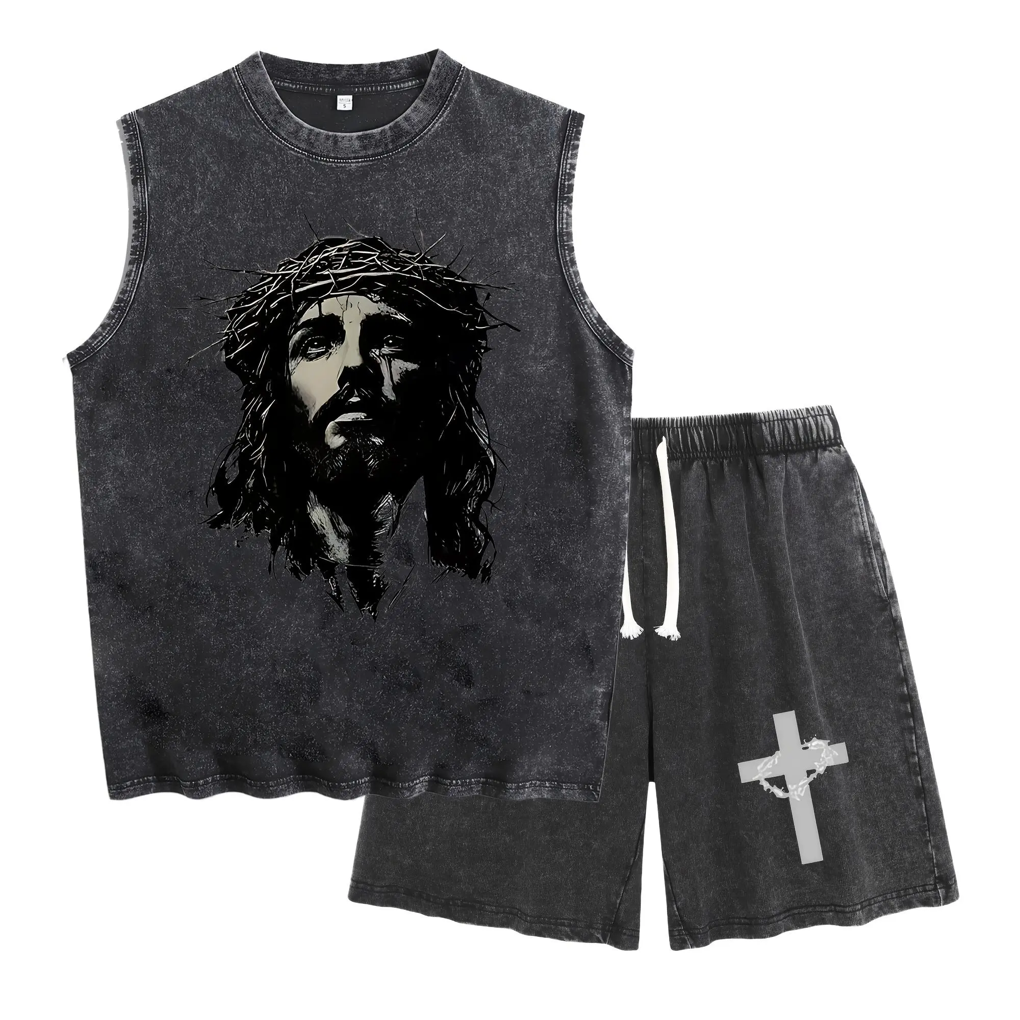Retro Washed 100% Cotton 2 Piece Matching Tracksuit Jesus Thorn Crown Portrait Graphic Oversized T Shirt Elastic Drawstring Cross Shorts Vintage Christian Faith Casual Summer Outfit