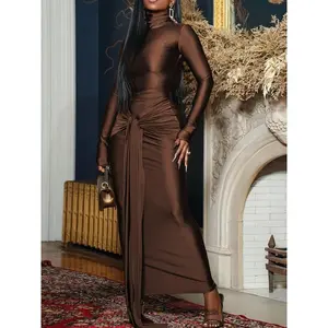 Elegant Brown Midi Dress High Neck Long Sleeve Ruched Detail for Christmas Formal Events