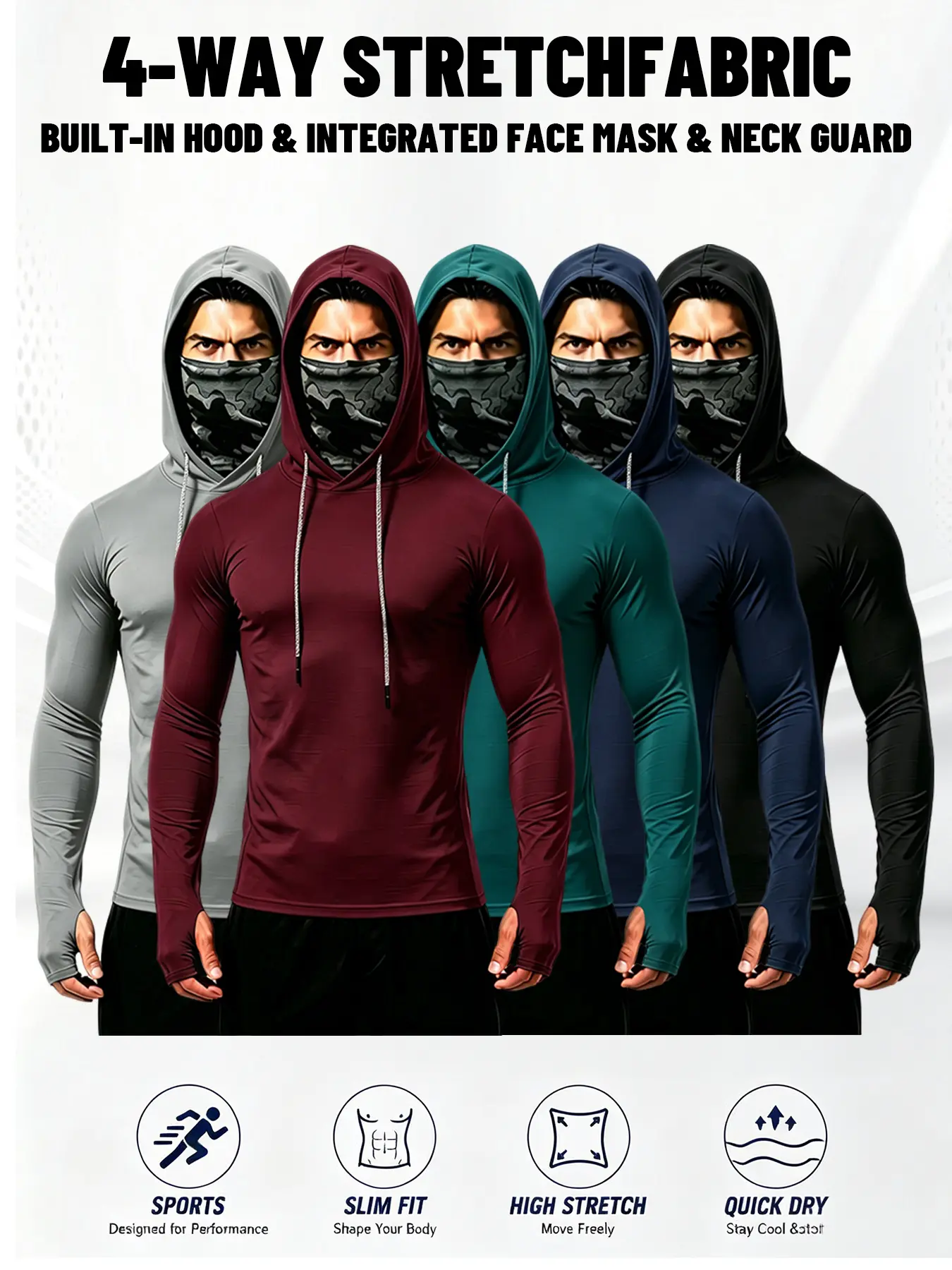 5-piece set men's outdoor work sun protection clothing with sun-blocking hoodie, featuring built-in face mask and neck guard, breathable long-sleeve hoodie Tshirt Polyester Compression